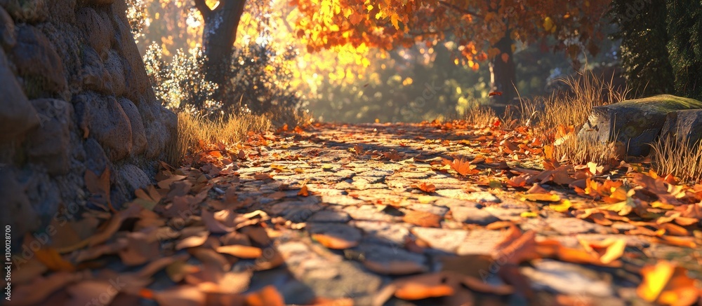 Poster golden brown autumn leaves cover a sunlit stone path with soft shadows, creating a warm inviting atm