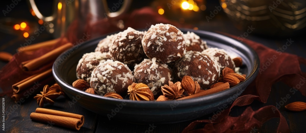 Poster vegan dessert plate with cocoa almond balls rolled in sesame and coconut, surrounded by spices and n