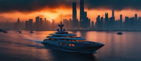Futuristic yacht with bold silhouette gliding on reflective water at sunset against dramatic skyline with vibrant orange and dark blue hues