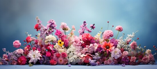Vibrant floral arrangement featuring pink, purple, and white flowers on a soft blue background creating an enchanting colorful display with copy space.