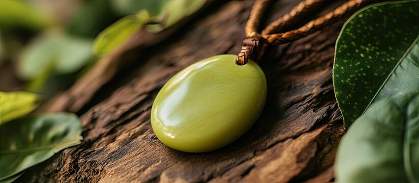 Lime green tagua nut necklace on wooden surface surrounded by green leaves showcasing organic and animal-friendly jewelry from South America