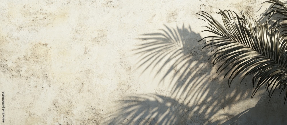 Fototapete shadow of palm leaves cast on a textured white cement wall background with soft lighting and ample c