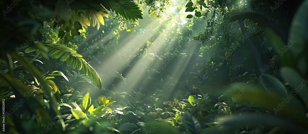 Leinwandbilder Sunlight beams filter through a dense canopy of vibrant green foliage creating dynamic patterns of light and shadow across a lush forest floor