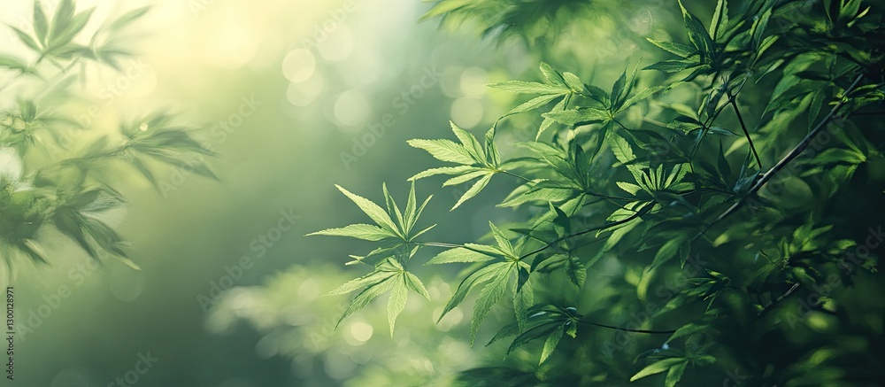 Fototapete Vibrant green maple leaves in soft focus against a light hazy background creating a serene spring atmosphere with delicate sunlight filtering through.