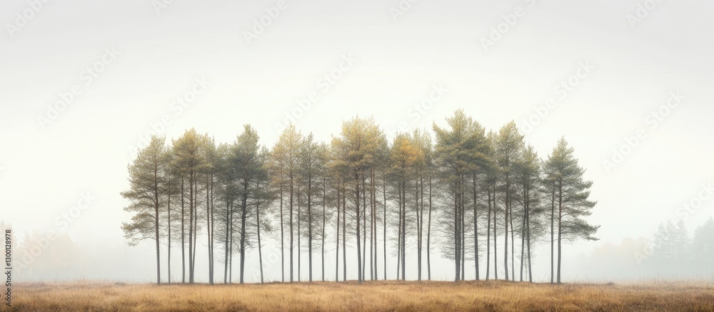 Fototapete lush green tall trees arranged in a row against a soft gray white background with a hint of warm aut