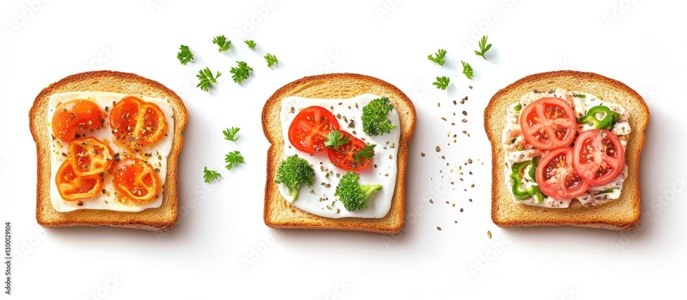 Poster top view of three slices of toast with various toppings including tomatoes, herbs, and cream cheese 