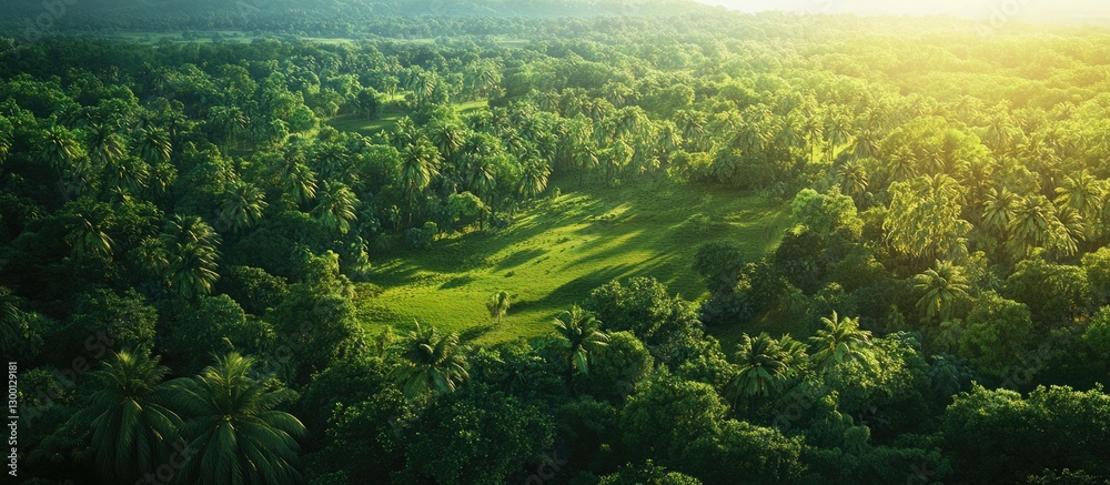 Aufkleber lush green aerial view of dense tropical forest under warm sunlight with shadows creating patterns o