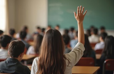 Young woman raises hand in classroom. Back view of student answering question during lecture at university. Girl seeks attention, participates in educational process, shows knowledge. Concept of