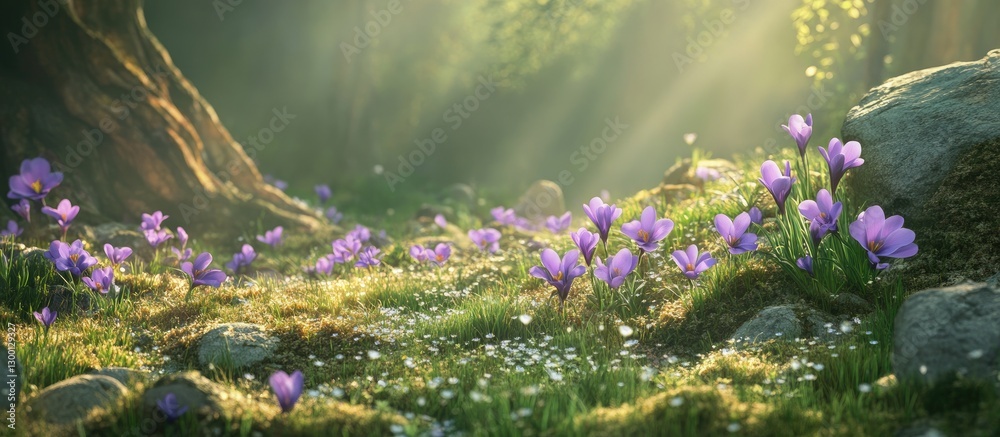 Fototapete sunlit forest floor adorned with vibrant purple flowers and green grass, dappled light filtering thr