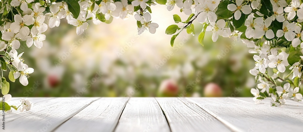 Poster spring background featuring delicate white blossoms framing a white wooden table with blurred apple 
