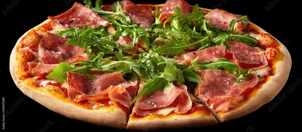 Poster delicious pizza topped with prosciutto and fresh arugula arranged on a wooden board against a dark b