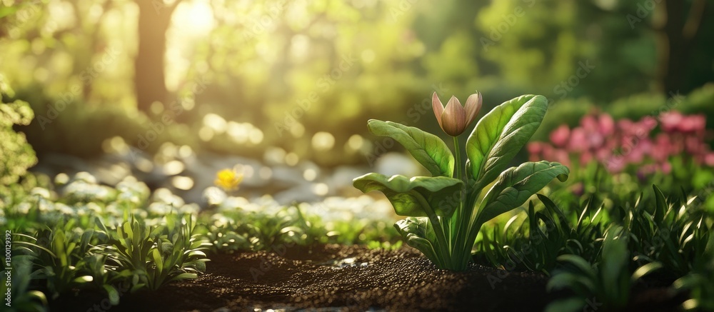 Poster Fresh spinach sprouting in a lush green spring garden with soft sunlight filtering through trees; vibrant foliage and colorful flowers in background.