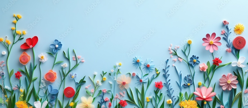 Poster Colorful quilled flowers in various shapes and sizes arranged along the bottom of a light blue background creating a vibrant floral design.