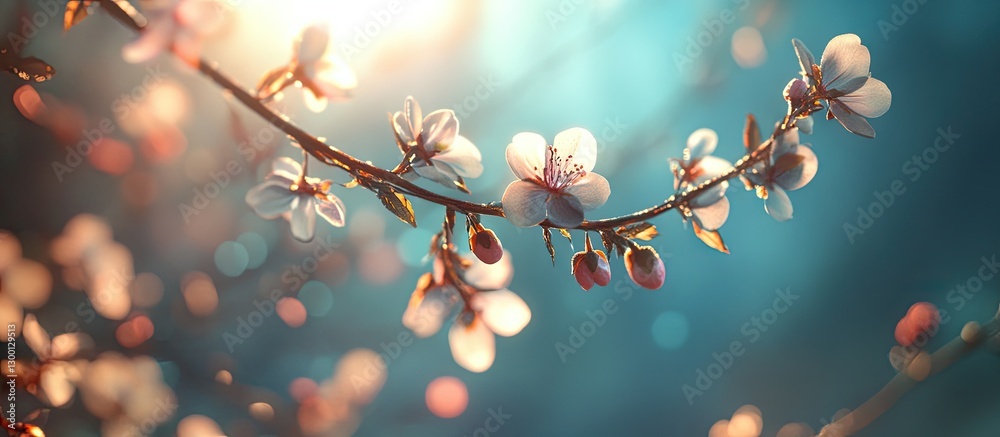 Poster delicate pink cherry blossom branches with soft bokeh background in hues of blue and gold, capturing