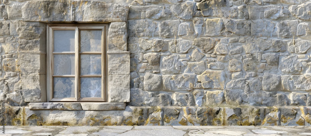 Fototapete Stone window frame set against a rugged stone wall with light beige tones; window positioned left, ample copy space on the right side.