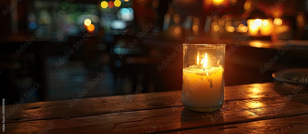 Poster candle glowing softly on a wooden table in a dimly lit space with blurred warm lights in the backgro