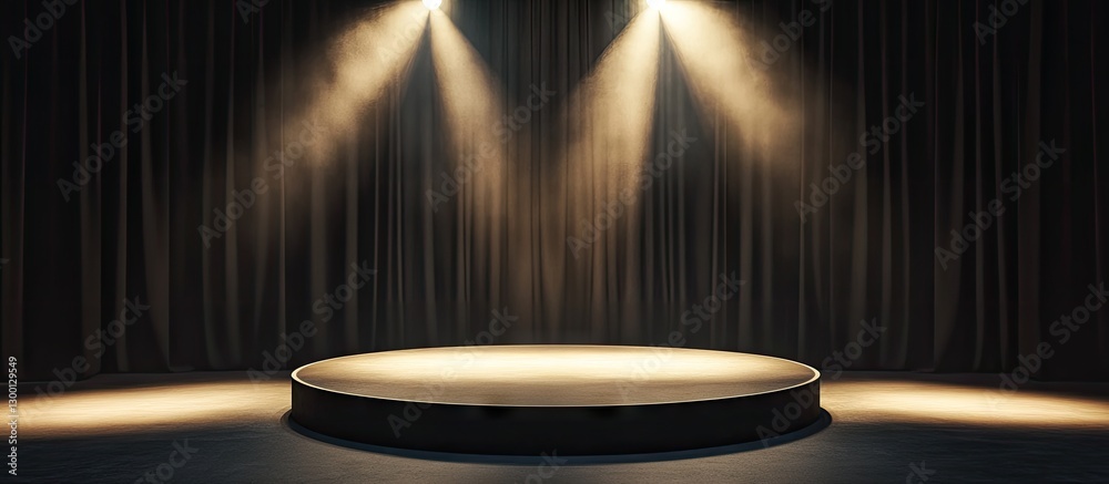 Poster Spotlit podium on a dark stage with black curtains and warm lighting creating a dramatic focus in an empty performance space
