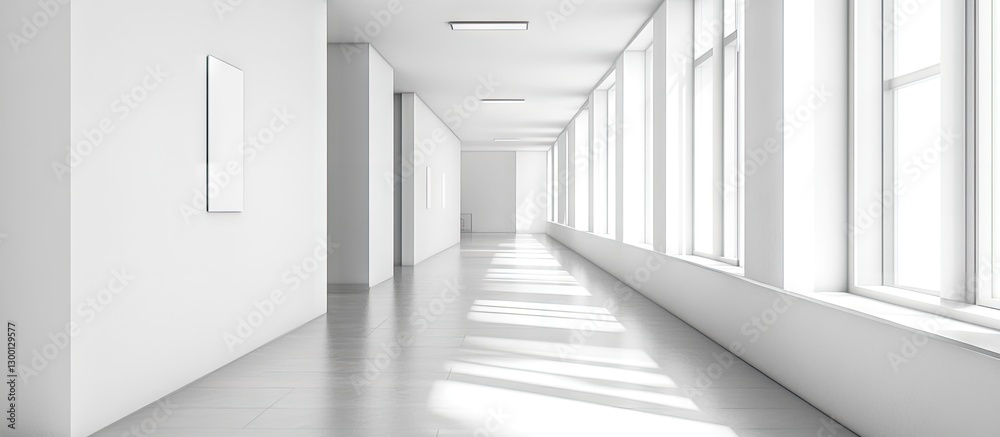 Leinwandbilder brightly lit hallway featuring expansive white walls and large windows creating a minimalist aesthet
