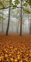Obraz premium An Autumn Forest with Fallen Leaves, Soft Green Shades, and a Light Fog Settling in