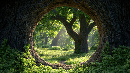 Circular Tree Trunk Opening Revealing Sunlit Forest Path