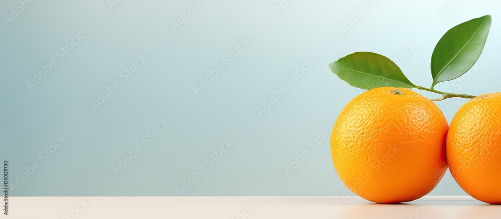 Poster fresh tangerines with green leaves positioned on a light wood surface against a soft blue background