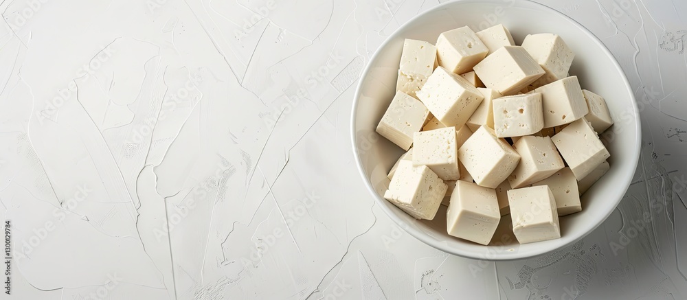 Aufkleber Fresh white tofu cubes arranged in a shallow white bowl on a light textured background with ample negative space for text placement.