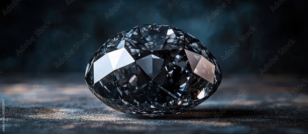 Poster intricate black diamond gemstone elegantly displayed on a textured dark surface with contrasting lig