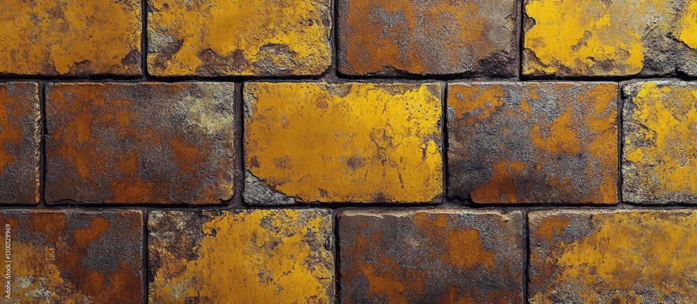 Poster Textured orange and gray rustic brick wall with weathered surface featuring uneven tiles arranged in a horizontal pattern creating a vintage look.