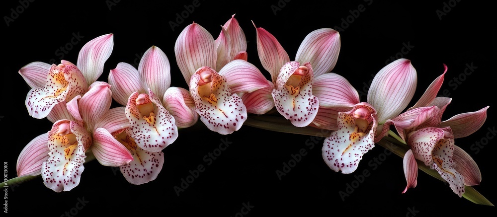 Poster elegant pink and white orchids in a curved arrangement on a solid black background showcasing vivid 