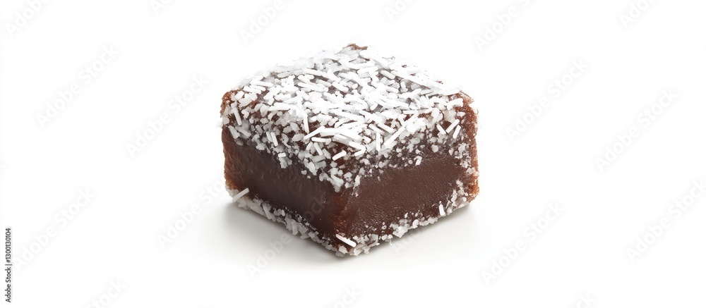 Poster delicious chocolate lamington on a white background highlighting its moist texture and coated with c