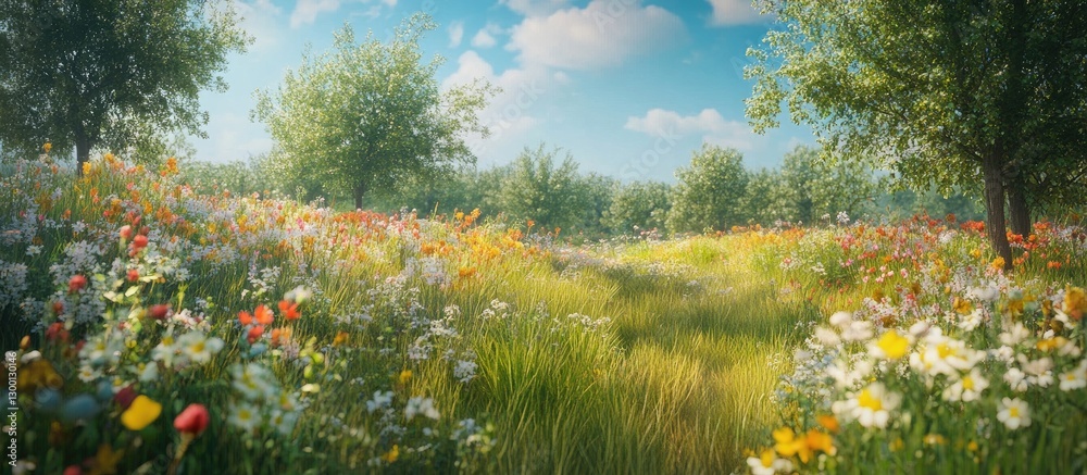 Poster vibrant summer meadow filled with colorful wildflowers in foreground under bright blue sky with soft