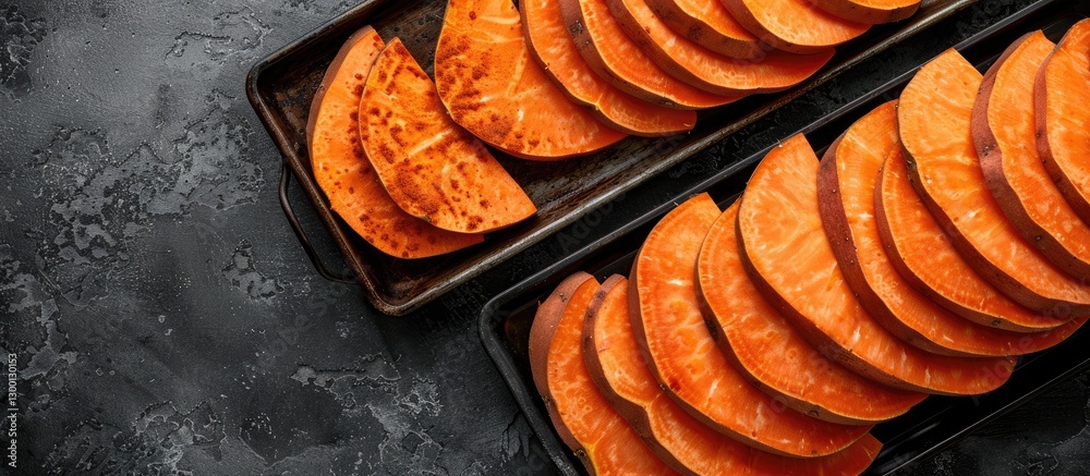 Poster Vibrant orange sweet potato slices neatly arranged on black trays against a dark textured background with ample empty space for text.