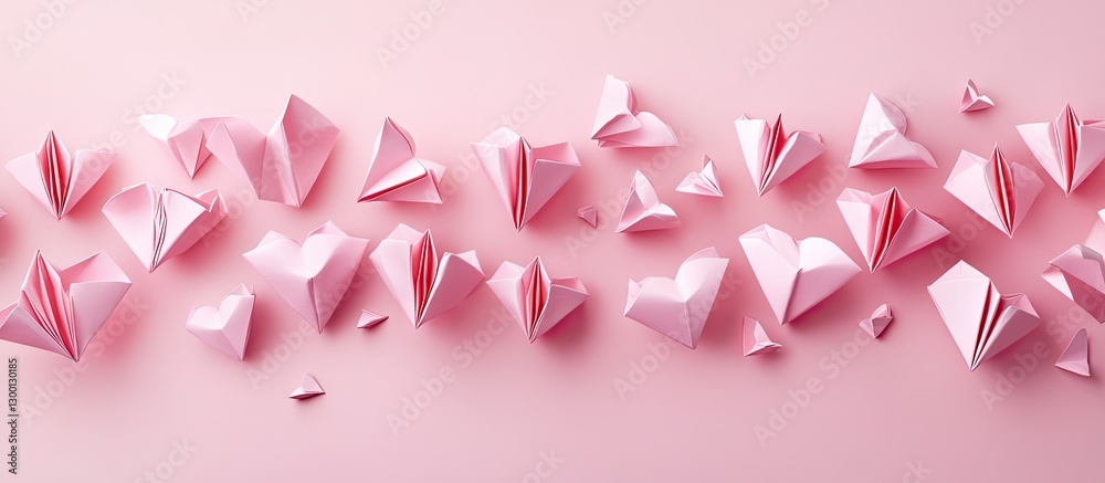 Poster Colorful pink paper hearts and origami shapes arranged in a flowing pattern on a soft pink background creating a romantic and playful vibe.