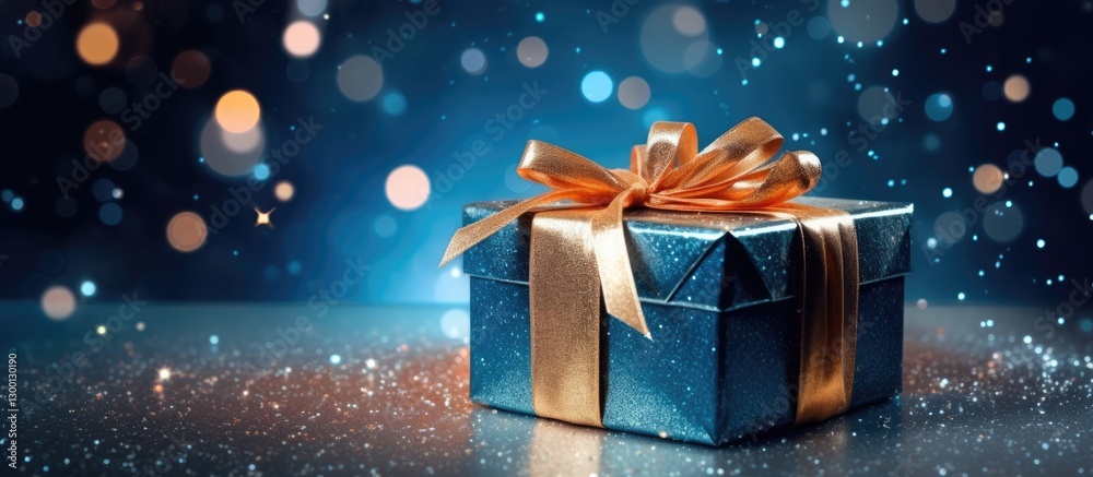Poster blue gift box with golden ribbon sits on a reflective surface, sparkling bokeh background in shades 