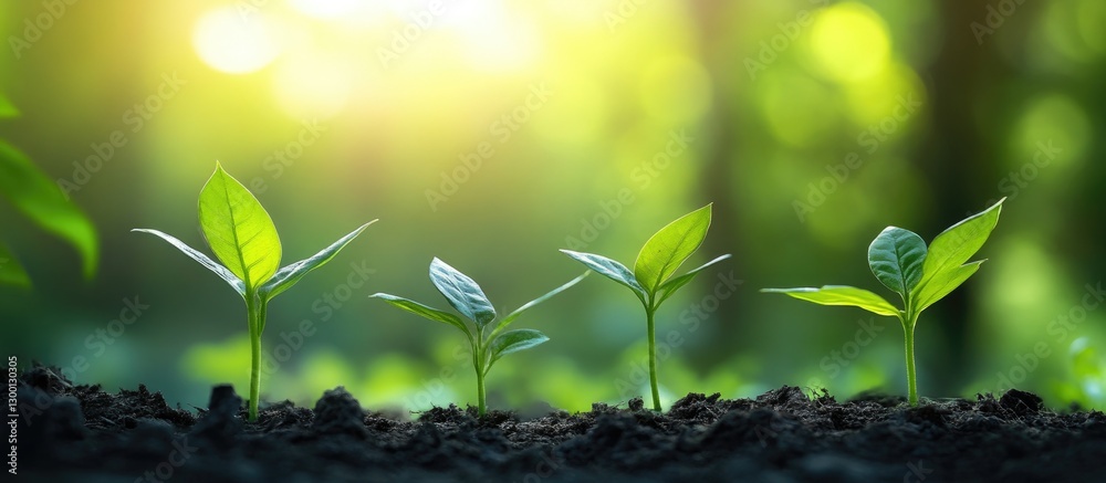 Aufkleber fresh green seedlings emerging from dark soil, illuminated by soft sunlight in a lush green backgrou