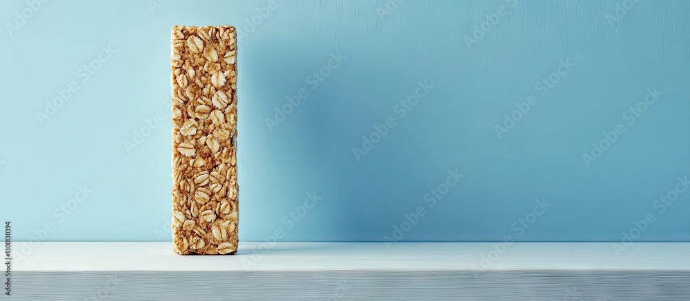 Poster granola bar standing upright on a white wooden table against a light blue backdrop with soft shadows