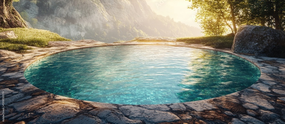 Poster Serene circular stone pool reflecting sunlight surrounded by lush greenery and mountains in the background creating a tranquil atmosphere