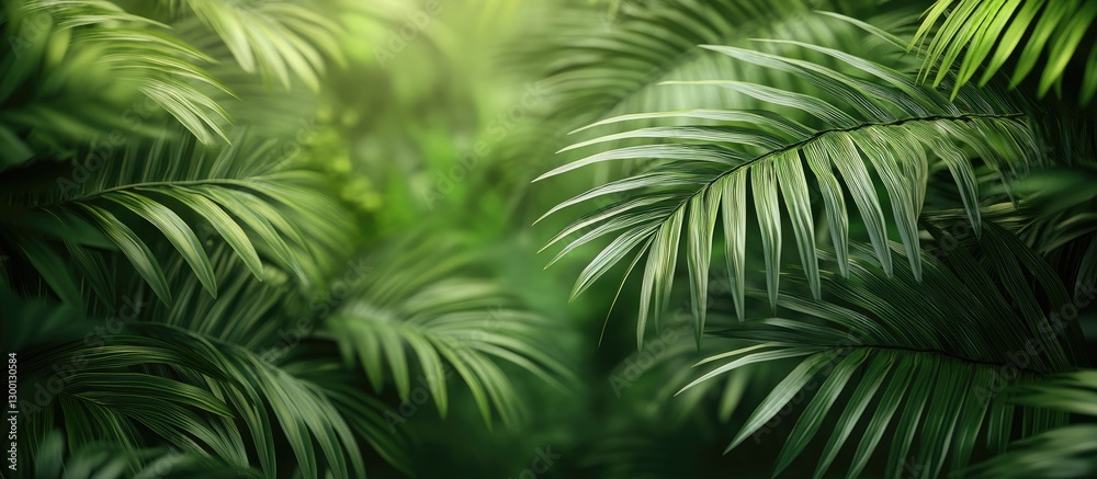Poster lush green palm leaves in soft focus create a serene backdrop emphasizing tranquility with shades of