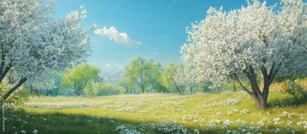 Poster Blossoming white flowering trees in a verdant garden under a clear blue sky with soft clouds creating a serene spring atmosphere.