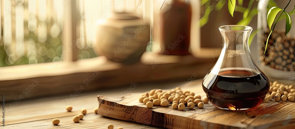 Poster Soy sauce in a glass decanter positioned left foreground with soybeans scattered on wooden surface and soft natural light from background