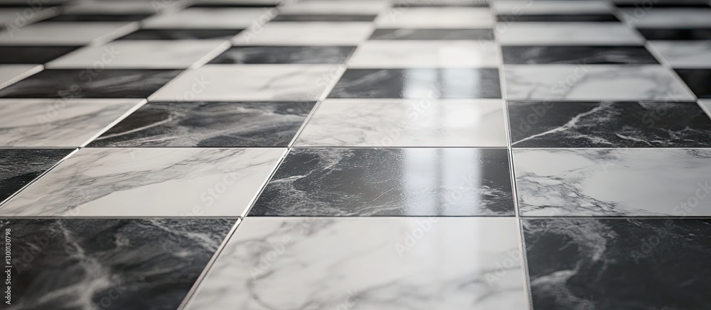 Aufkleber Stylish grey and white marble square mosaic tiles arranged in a checkerboard pattern highlighting intricate textures and reflections in natural light.