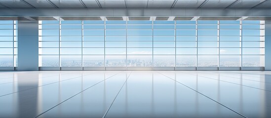 Spacious modern interior with glossy white floor and large glass windows allowing abundant natural light and a clear blue sky backdrop