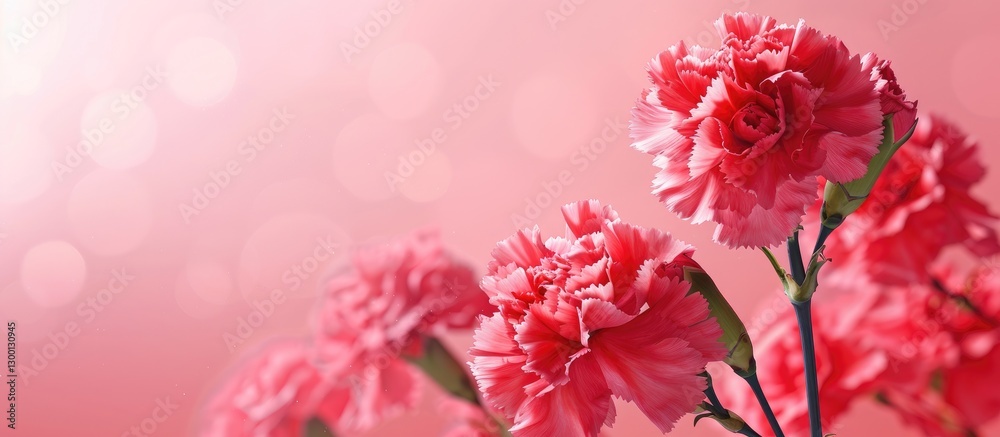 Poster springtime banner with vibrant pink carnation flowers on a soft pink backdrop, featuring a blurred b