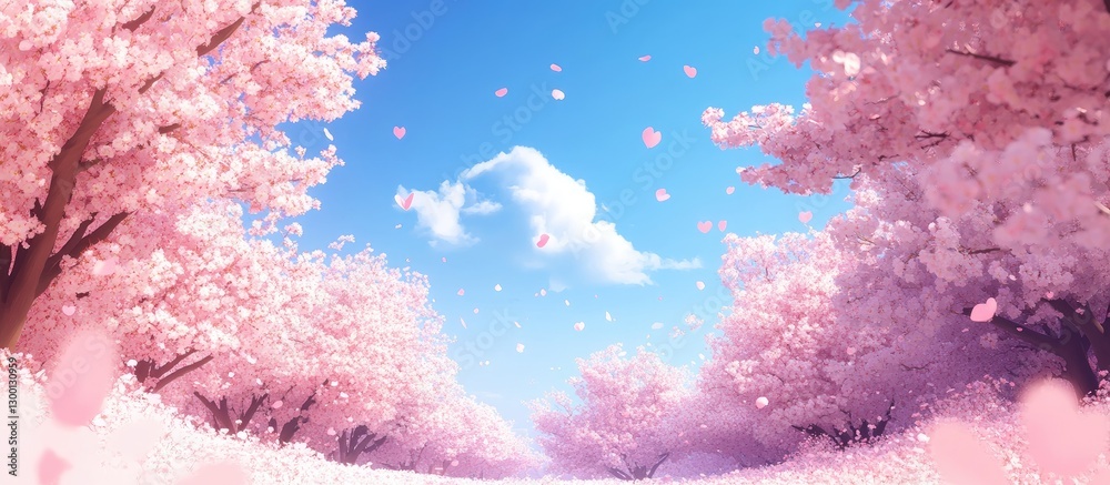 Poster cherry blossoms in vibrant pink bloom under a bright blue sky with soft clouds, framed by trees crea