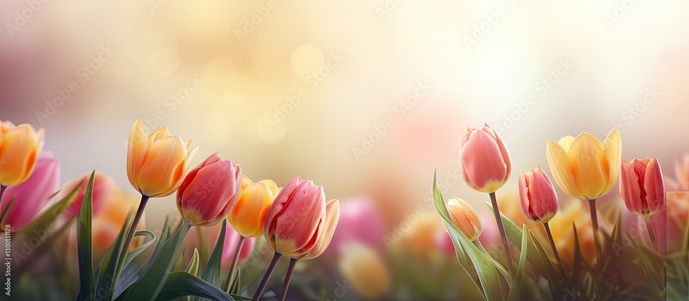 Aufkleber Vibrant spring tulips in shades of pink and yellow blooming in a blurred background with ample copy space on the right side for text placement.