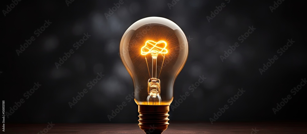 Poster Bright glowing light bulb on a dark background with soft light reflections illuminating metallic base showcasing elegance and simplicity