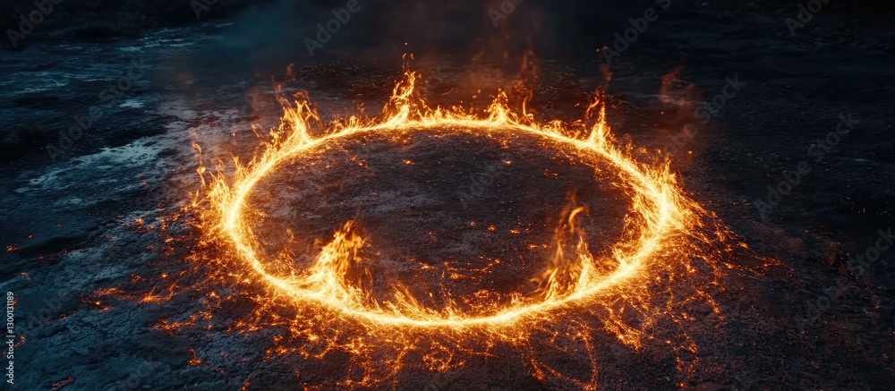 Poster circular orange flames of steel wool spinning rapidly on a dark surface, creating glowing light arcs