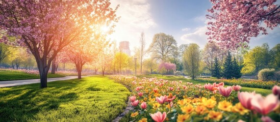 Vibrant spring landscape featuring blooming cherry blossoms and colorful flowers in foreground with sunlight casting soft glow over green grass.