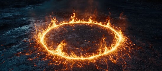 Circular orange flames of steel wool spinning rapidly on a dark surface, creating glowing light arcs against a black backdrop in a long exposure shot.