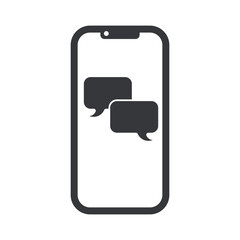 Isolated illustration of cellphone with symbols of conversation, for texting, chat, and online comunnincation.